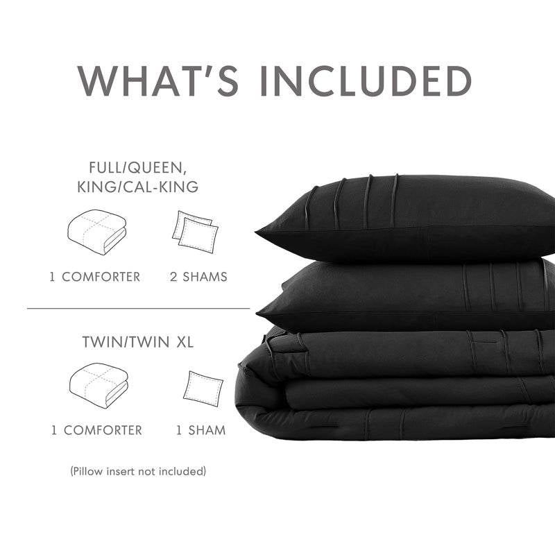King Size Microfiber Pleated Soft Washed Comforter Set Black