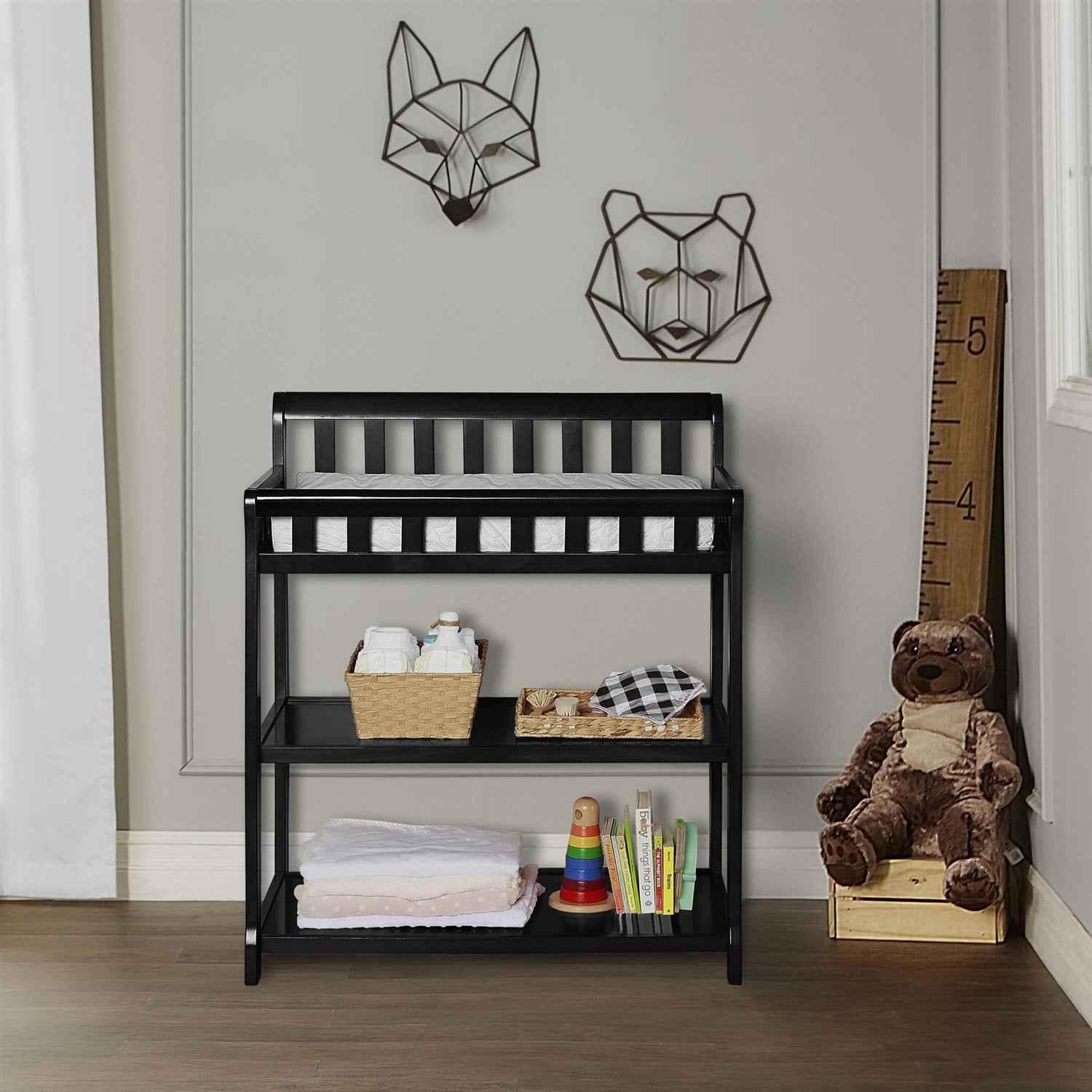 Modern Black Wooden Baby Changing Table with Safety Rail Pad and Strap
