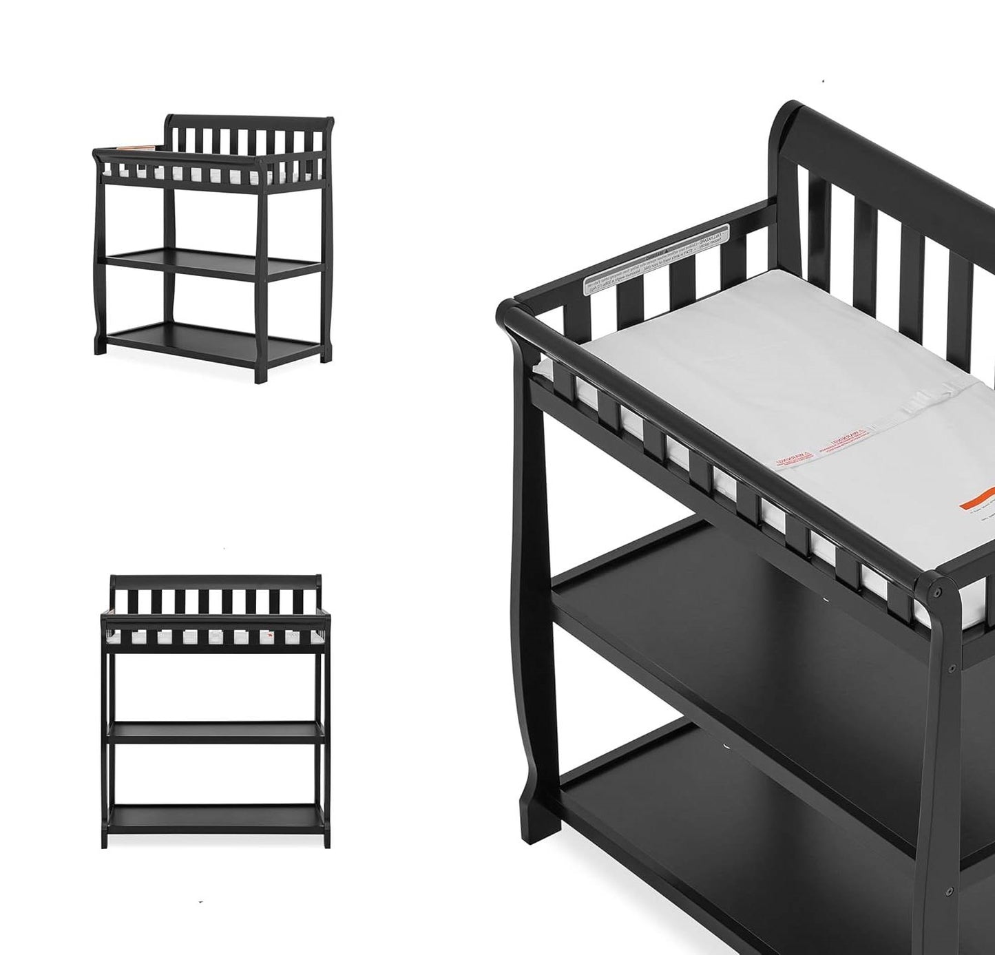 Modern Black Wooden Baby Changing Table with Safety Rail Pad and Strap