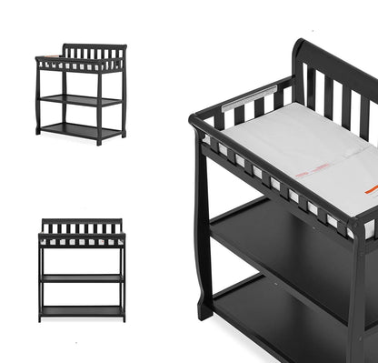 Modern Black Wooden Baby Changing Table with Safety Rail Pad and Strap