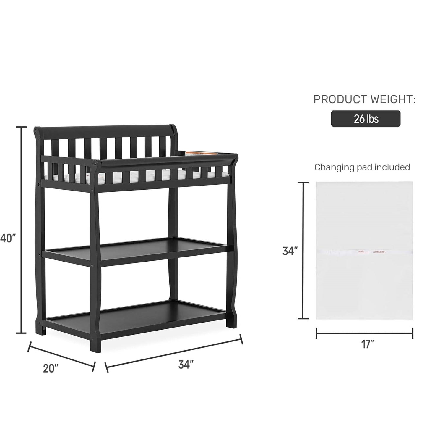 Modern Black Wooden Baby Changing Table with Safety Rail Pad and Strap