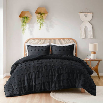 Full/Queen 3 Piece Jacquard Pompom Microfiber Hypoallergenic Comforter Set, Black