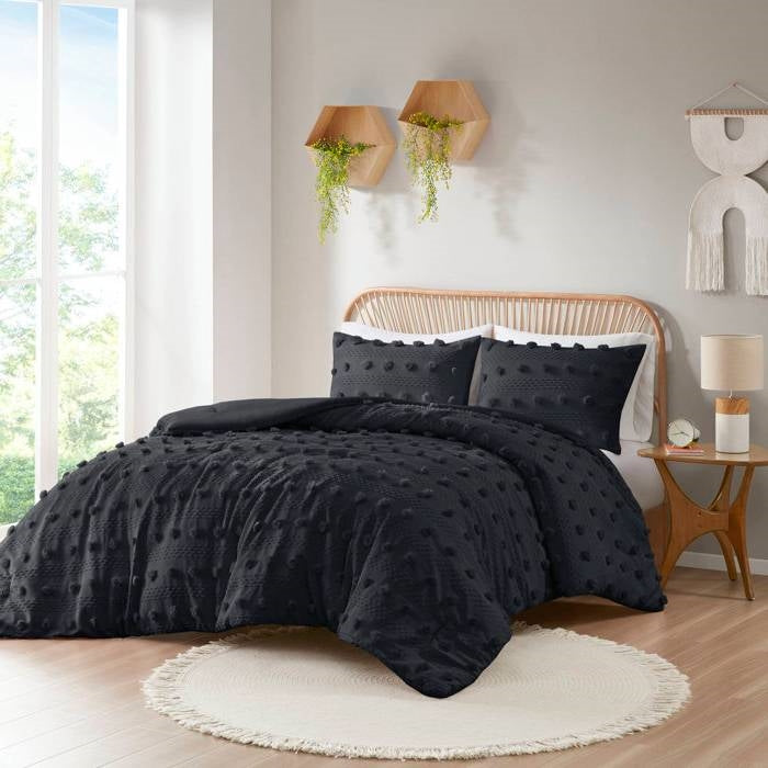 Full/Queen 3 Piece Jacquard Pompom Microfiber Hypoallergenic Comforter Set, Black