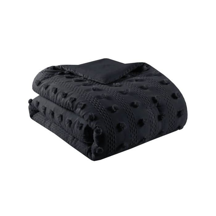 Full/Queen 3 Piece Jacquard Pompom Microfiber Hypoallergenic Comforter Set, Black