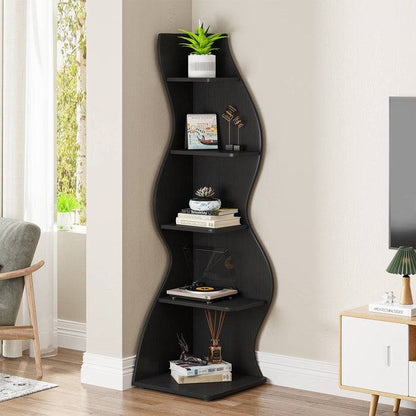Modern Whimsical 5 Shelf Corner Bookcase Stand Black Wood Finish