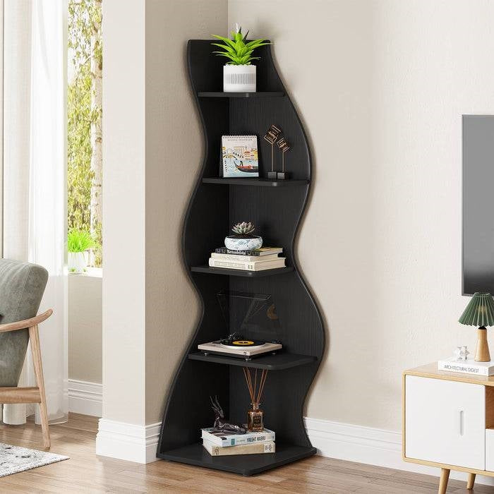 Modern Whimsical 5 Shelf Corner Bookcase Stand Black Wood Finish