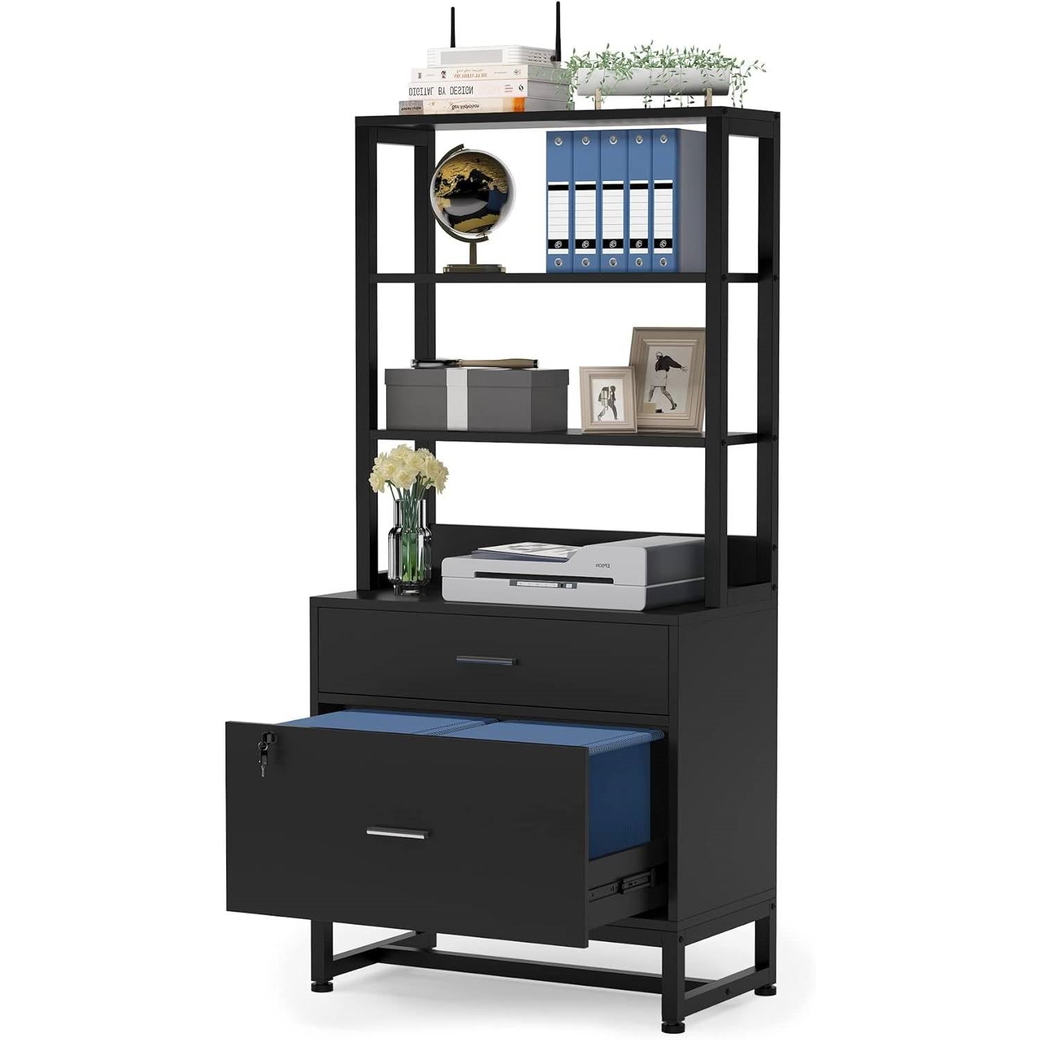 2 Drawer Office Lockable Filing Cabinet Bookshelf with Open Shelves, Black