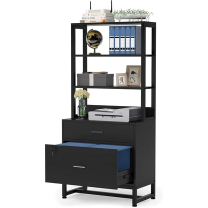 2 Drawer Office Lockable Filing Cabinet Bookshelf with Open Shelves, Black