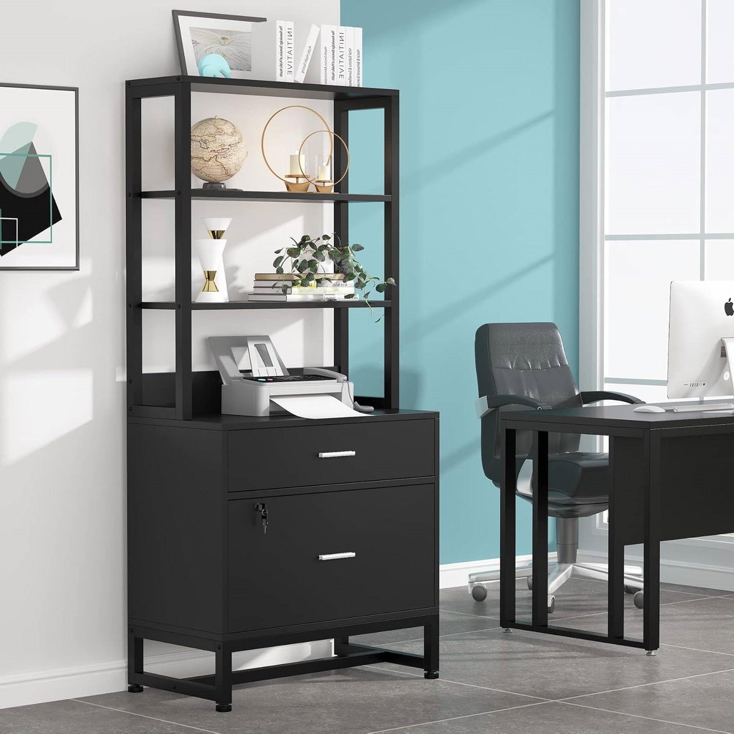2 Drawer Office Lockable Filing Cabinet Bookshelf with Open Shelves, Black