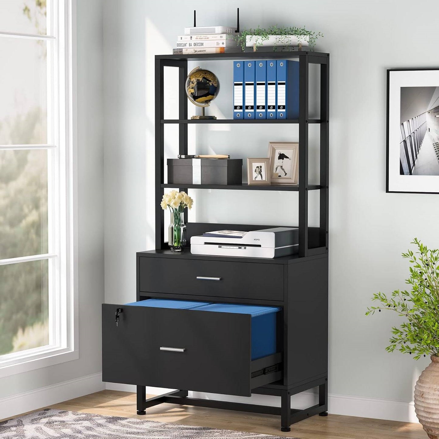 2 Drawer Office Lockable Filing Cabinet Bookshelf with Open Shelves, Black
