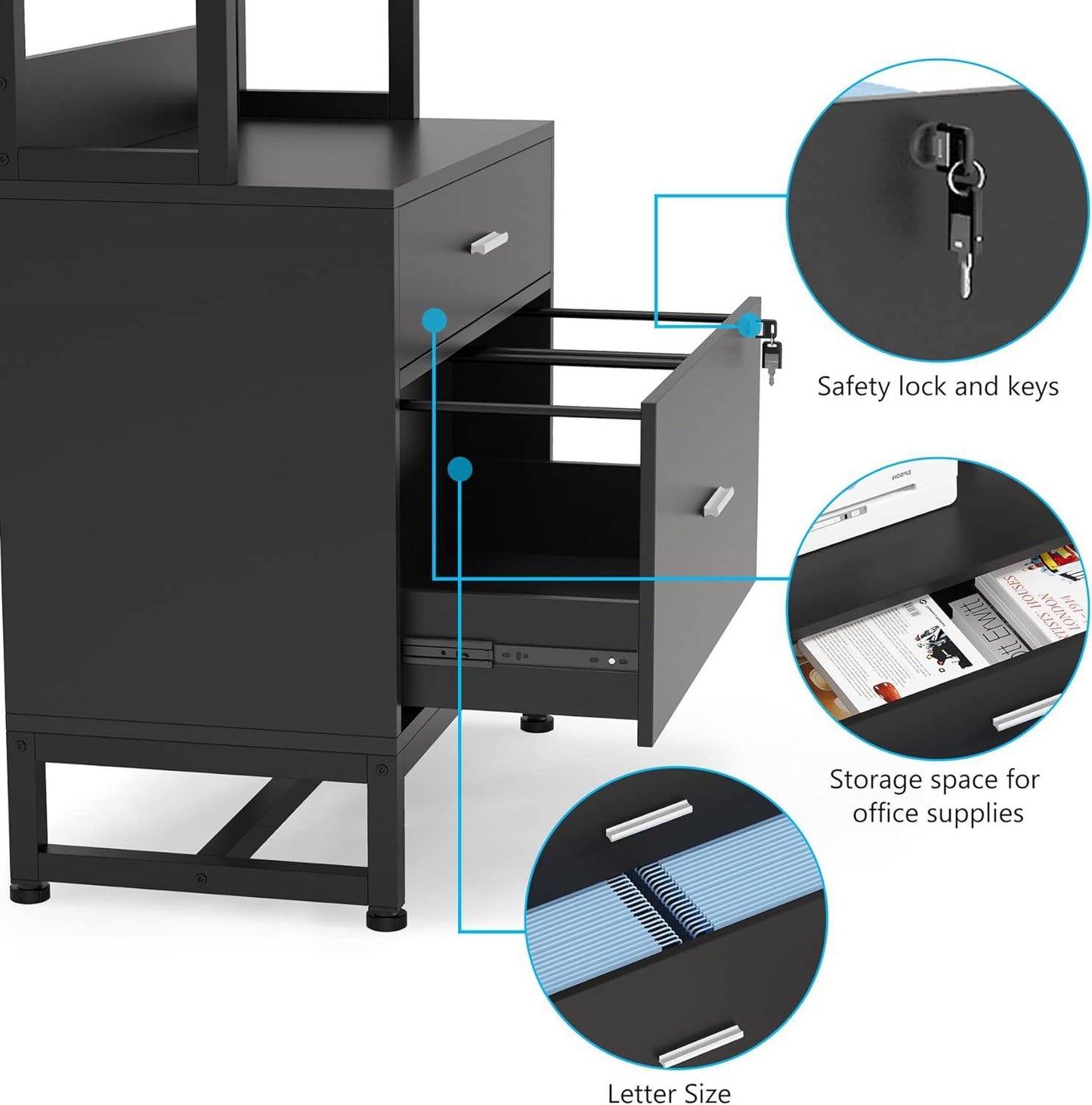 2 Drawer Office Lockable Filing Cabinet Bookshelf with Open Shelves, Black