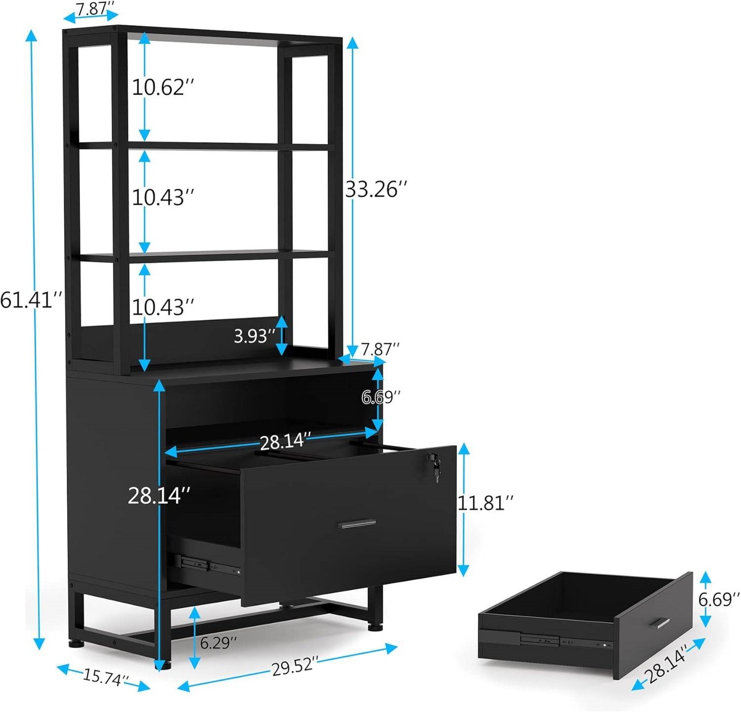 2 Drawer Office Lockable Filing Cabinet Bookshelf with Open Shelves, Black