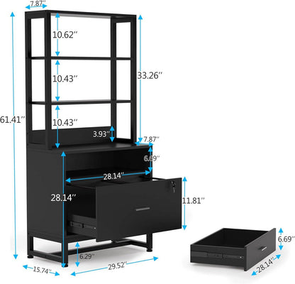 2 Drawer Office Lockable Filing Cabinet Bookshelf with Open Shelves, Black
