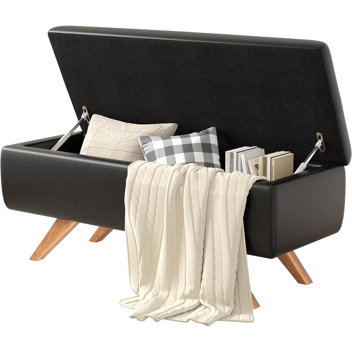 Mid-Century Modern Black Faux Leather End of Bed Storage Bench Ottoman