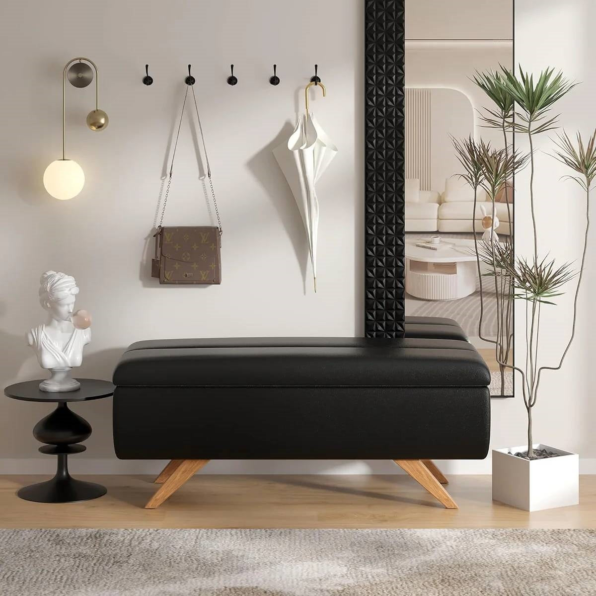 Mid-Century Modern Black Faux Leather End of Bed Storage Bench Ottoman