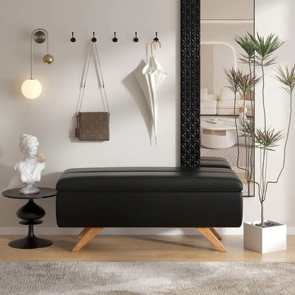 Mid-Century Modern Black Faux Leather End of Bed Storage Bench Ottoman