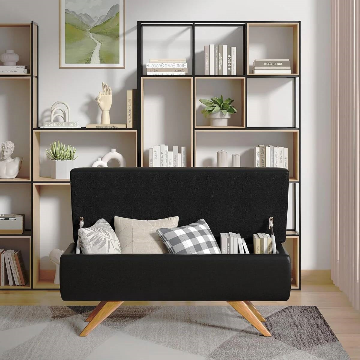 Mid-Century Modern Black Faux Leather End of Bed Storage Bench Ottoman
