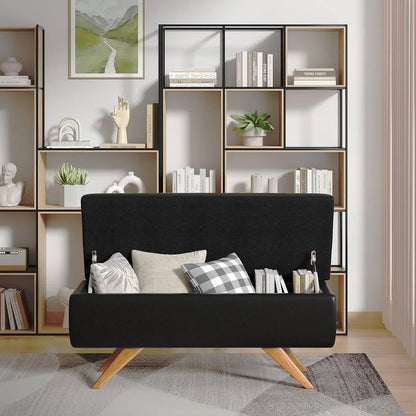 Mid-Century Modern Black Faux Leather End of Bed Storage Bench Ottoman