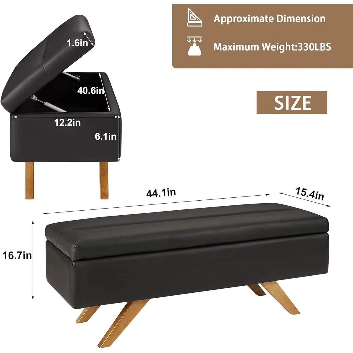 Mid-Century Modern Black Faux Leather End of Bed Storage Bench Ottoman