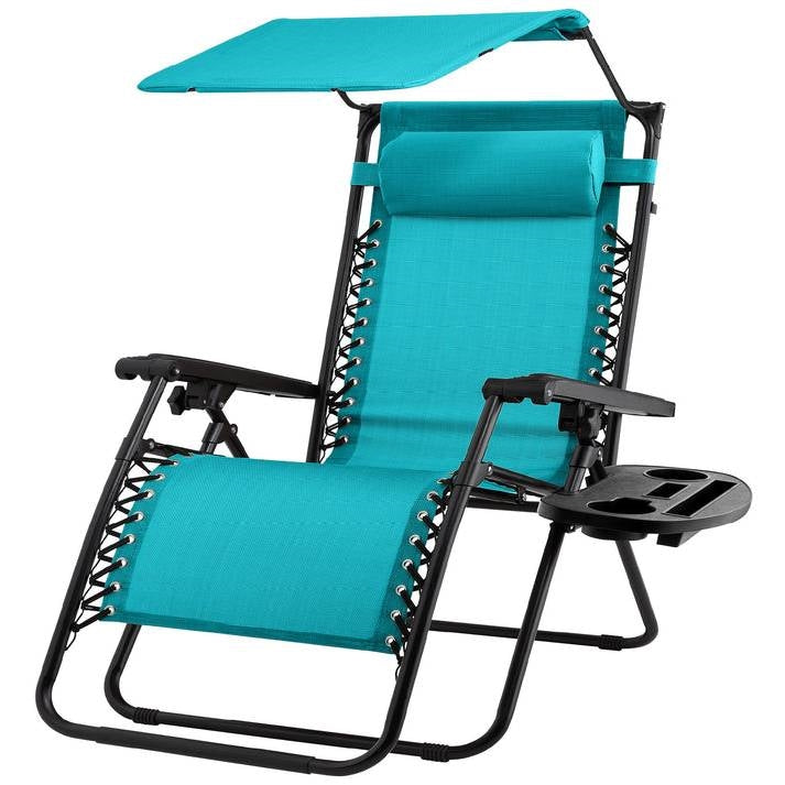 Blue Zero Gravity Folding Reclining Patio Lounge Chair w/ Canopy Sun Shade
