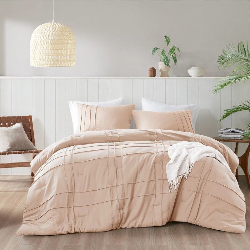 King Size Microfiber Pleated Soft Washed Comforter Set Pink