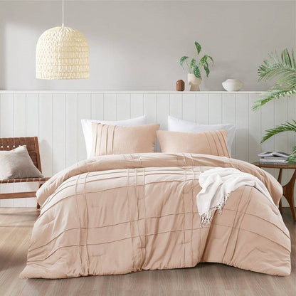 King Size Microfiber Pleated Soft Washed Comforter Set Pink