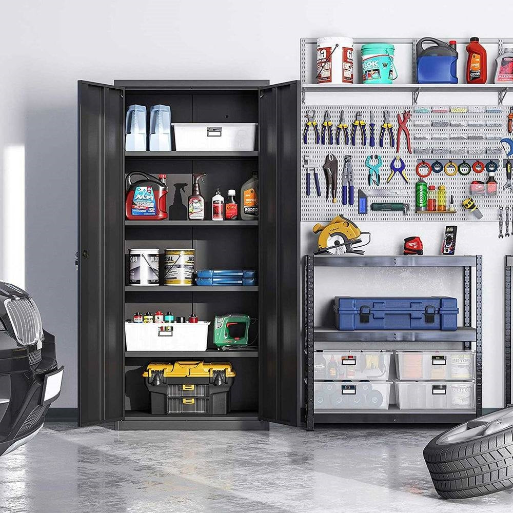 Black Steel Lockable Storage Cabinet w/ 4 Adjustable Shelves