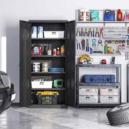 Black Steel Lockable Storage Cabinet w/ 4 Adjustable Shelves