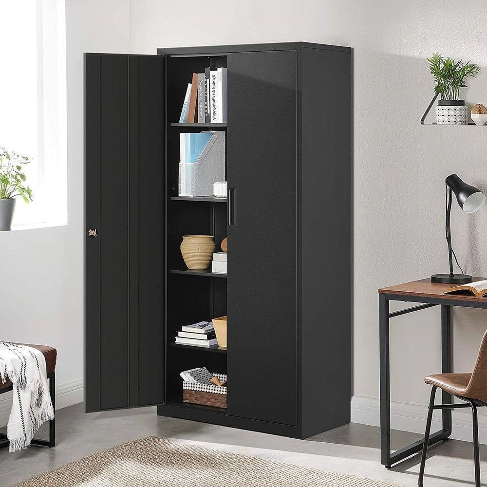 Black Steel Lockable Storage Cabinet w/ 4 Adjustable Shelves