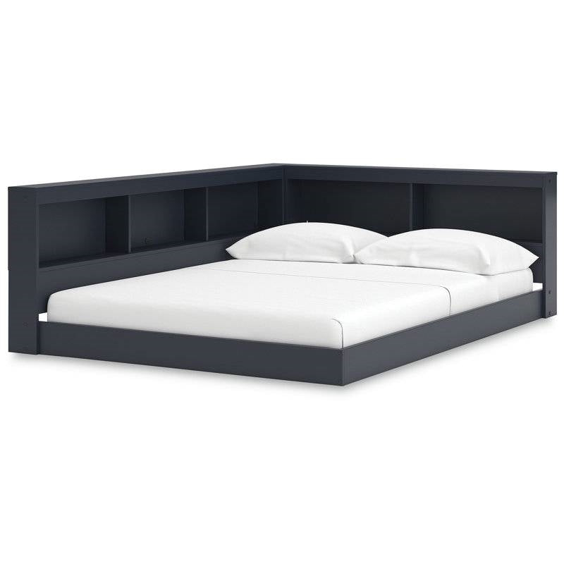 Twin Size Blue Corner Bookcase Headboard Storage Platform Floor Bed