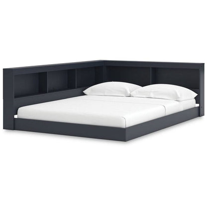 Twin Size Blue Corner Bookcase Headboard Storage Platform Floor Bed
