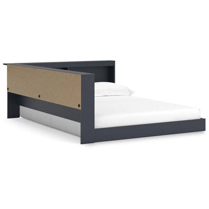 Twin Size Blue Corner Bookcase Headboard Storage Platform Floor Bed