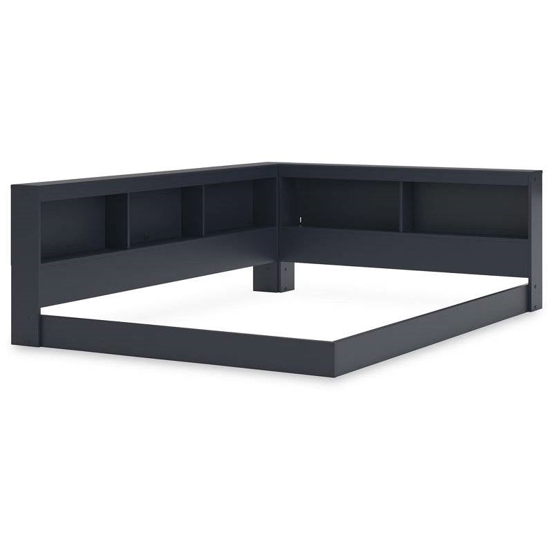 Twin Size Blue Corner Bookcase Headboard Storage Platform Floor Bed