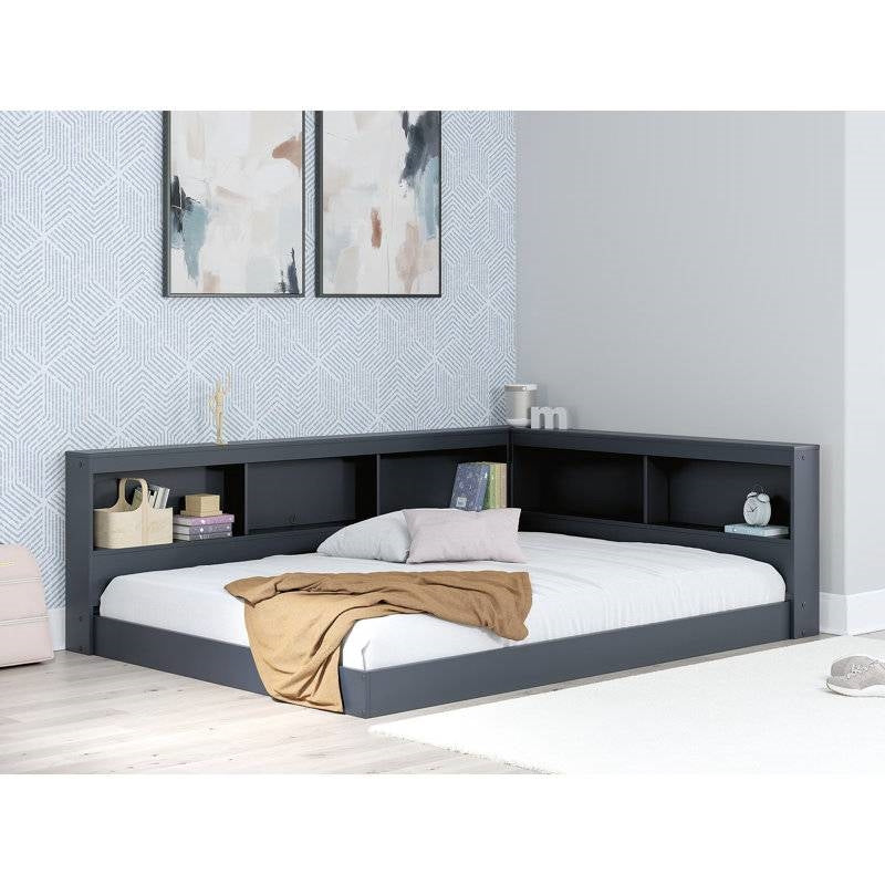Twin Size Blue Corner Bookcase Headboard Storage Platform Floor Bed