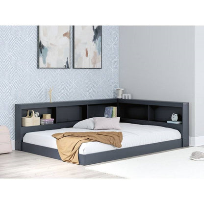 Twin Size Blue Corner Bookcase Headboard Storage Platform Floor Bed