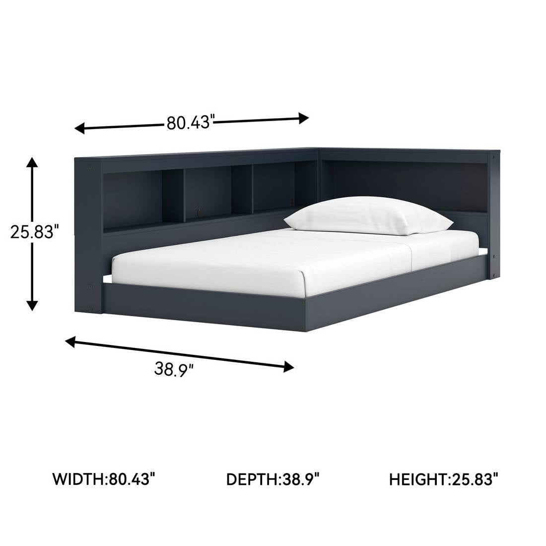 Twin Size Blue Corner Bookcase Headboard Storage Platform Floor Bed