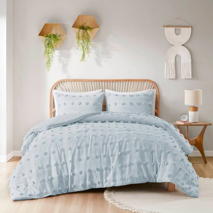 Twin/Twin XL 2 Piece Jacquard Pompom Microfiber Hypoallergenic Comforter Set, Blue