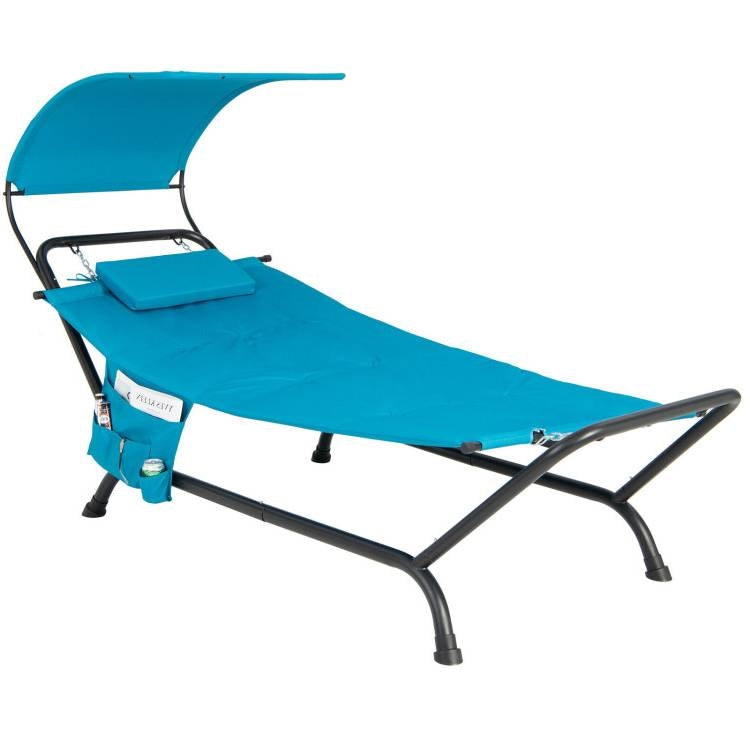 Blue Covered Polyester Chaise Canopy Hammock Stand Lounge Chair, Pillow, Storage Bag
