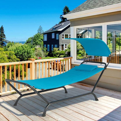 Blue Covered Polyester Chaise Canopy Hammock Stand Lounge Chair, Pillow, Storage Bag