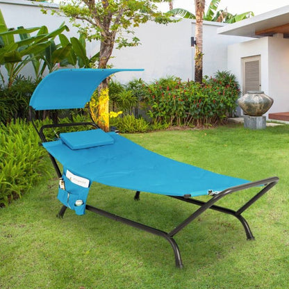 Blue Covered Polyester Chaise Canopy Hammock Stand Lounge Chair, Pillow, Storage Bag