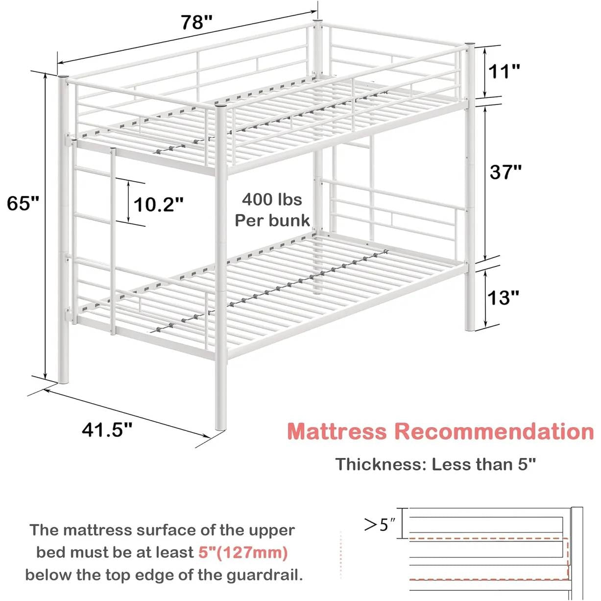 Sturdy Black Metal Twin over Twin Bunk Bed Frame with Two Side Ladders
