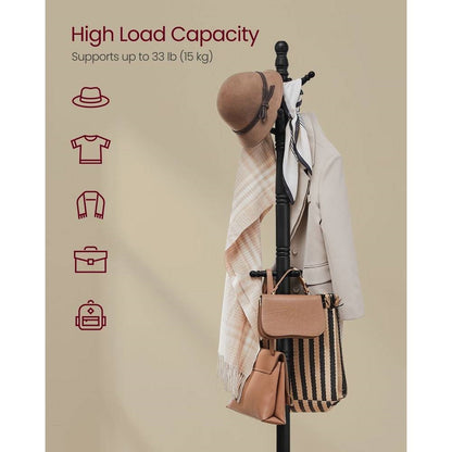Solid Wood Coat Rack with 10 Hooks in Black Finish