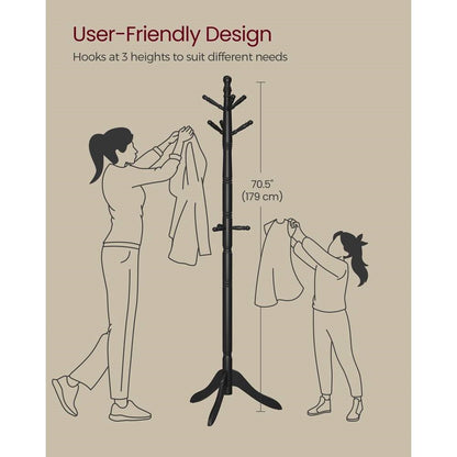 Solid Wood Coat Rack with 10 Hooks in Black Finish