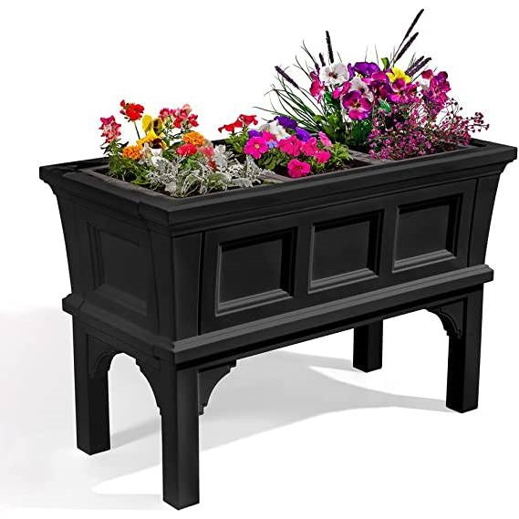 Black Raised Rectangular Plastic Planter Box w/ Removeable Trays
