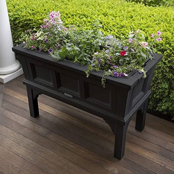 Black Raised Rectangular Plastic Planter Box w/ Removeable Trays