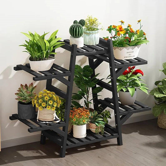 Indoor Outdoor Black Bamboo Wood 6-Shelf Flower Pot Plant Stand