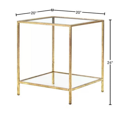 Square Accent Side Table Gold Metal Frame Glass Top Bottom Shelf Sofa Table