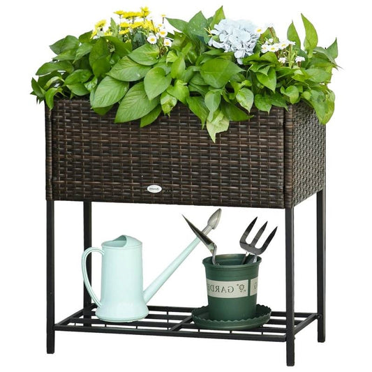 Brown Elevated Modern Rattan Wicker Raised Garden Planter Box