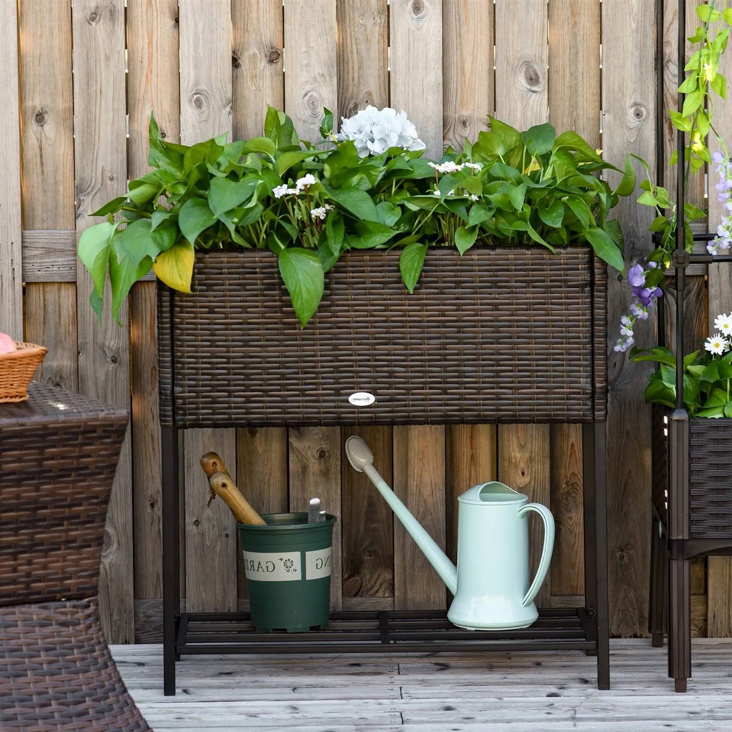 Brown Elevated Modern Rattan Wicker Raised Garden Planter Box