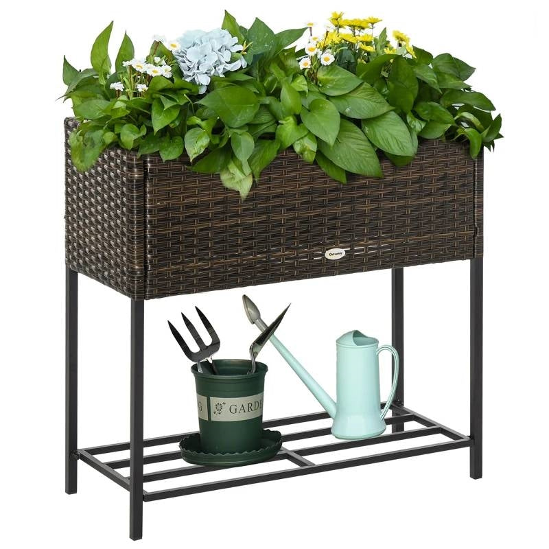 Brown Elevated Modern Rattan Wicker Raised Garden Planter Box